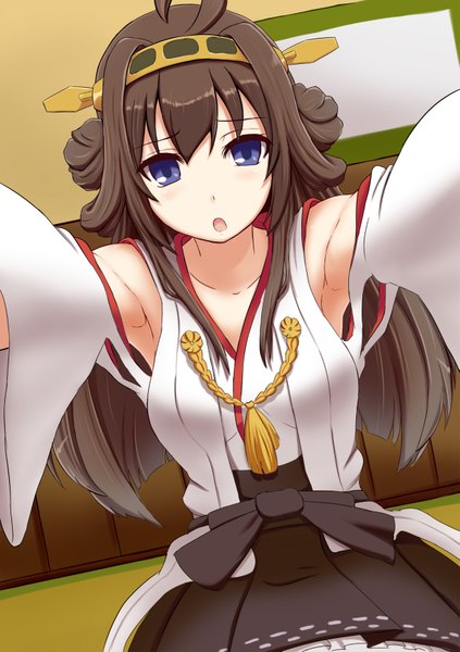 Anime picture 1235x1753 with kantai collection kongou battleship towamin (artist) single long hair tall image looking at viewer blush open mouth blue eyes black hair ahoge traditional clothes armpit (armpits) nontraditional miko girl detached sleeves hairband
