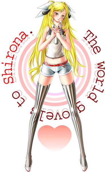 Anime picture 1200x1920 with miharin (artist) long hair tall image blonde hair twintails orange eyes girl thighhighs shorts striped thighhighs