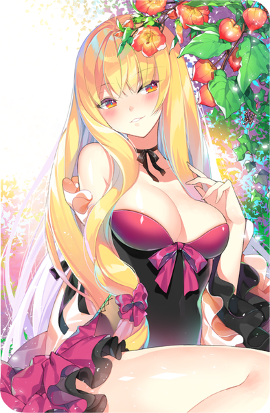 Anime picture 590x900 with touhou yakumo yukari roh nam kyung single long hair tall image blush fringe breasts light erotic blonde hair bare shoulders looking away cleavage parted lips orange eyes girl dress flower (flowers) bow