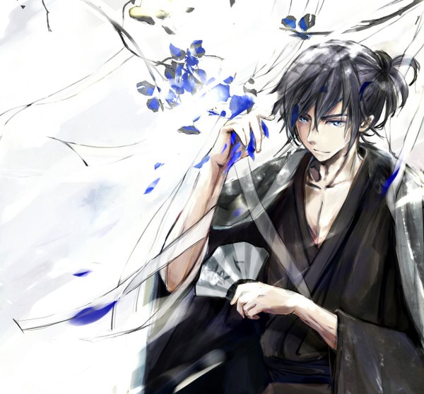 Anime picture 1372x1277 with noragami studio bones yato (noragami) xichu39 single fringe short hair blue eyes black hair holding ponytail traditional clothes japanese clothes light smile alternate costume boy petals leaf (leaves) bandage (bandages) branch