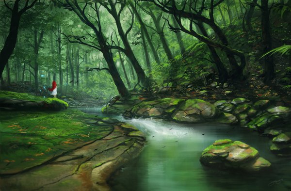 Anime picture 1350x887 with original blinck (artist) single long hair red hair from behind landscape river nature girl plant (plants) tree (trees) water sundress forest