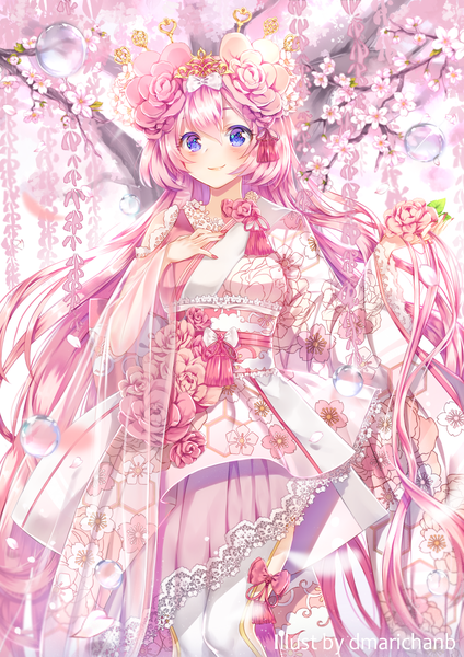 Anime picture 1258x1778 with original dmarichanb single long hair tall image looking at viewer blush fringe smile hair between eyes standing purple eyes signed pink hair traditional clothes japanese clothes hair flower cherry blossoms floral print hand on chest