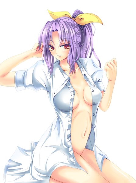 Anime picture 1000x1346 with touhou watatsuki no yorihime azusayumi meme (artist) single long hair tall image breasts light erotic simple background red eyes white background purple hair open clothes open shirt girl navel