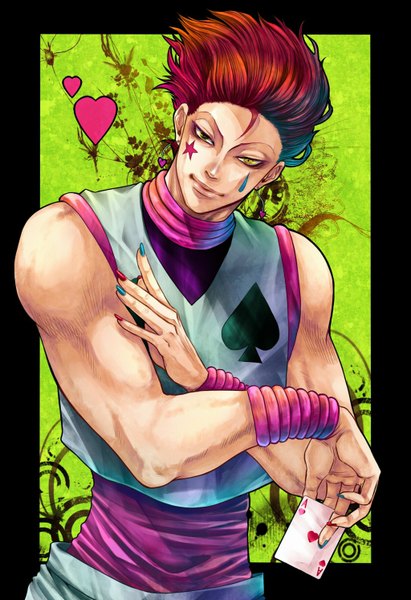 Anime picture 1024x1492 with hunter x hunter hisoka (hunter x hunter) tokiwa hina single tall image short hair yellow eyes red hair nail polish sleeveless facial mark border face paint green background spade boy heart star (symbol) teardrop card (cards)