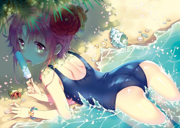 Anime picture 1200x854 with original manle single blush short hair open mouth light erotic yellow eyes pink hair ass hair flower from above beach + + girl hair ornament flower (flowers) swimsuit earrings food
