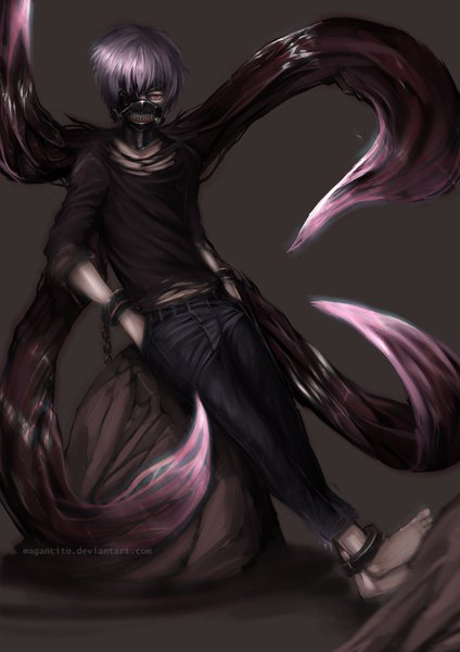 Anime picture 2480x3508 with tokyo ghoul studio pierrot kaneki ken magancito single tall image looking at viewer fringe highres purple hair barefoot leaning hands in pockets boy belt pants mask zipper stone (stones) shackles