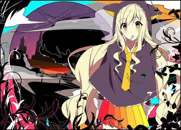 Anime picture 1424x1024 with kagerou project shaft (studio) mary (kagerou project) sinomi single blush fringe blonde hair brown eyes payot looking away very long hair pleated skirt girl skirt gloves plant (plants) necktie food white gloves