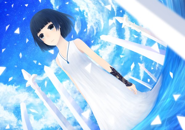 Anime picture 1600x1128 with original bounin single short hair open mouth black hair sky cloud (clouds) black eyes girl dress water white dress