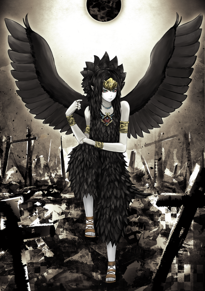 Anime picture 1157x1637 with yu-gi-oh! fabled grimro kaze minoru so-ru single long hair tall image looking at viewer black hair sitting bare shoulders green eyes full body outdoors arm up pointy ears black wings ruins white skin red sclera girl