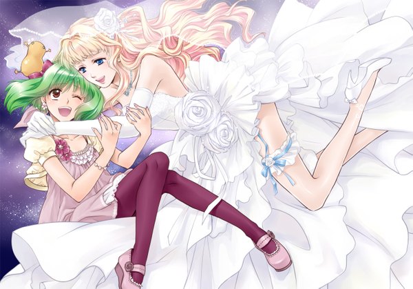 Anime picture 1445x1011 with macross macross frontier sheryl nome ranka lee satsuki yuu (awairo) long hair short hair open mouth blue eyes blonde hair red eyes multiple girls one eye closed green hair wink hug girl dress gloves 2 girls