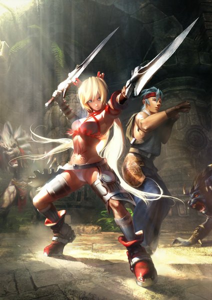 Anime picture 620x878 with x-blades (game) ayumi jay (x-blades) agnidevi (artist) tall image looking at viewer short hair light erotic blonde hair blue hair very long hair bare belly tattoo fighting stance girl boy gloves navel underwear panties