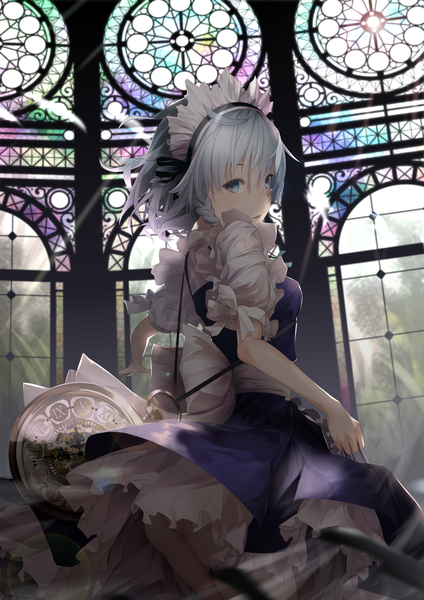 Anime picture 2480x3508 with touhou izayoi sakuya miya-ki (miya key) single tall image highres short hair blue eyes light erotic white hair braid (braids) maid girl dress uniform headdress maid headdress clock knife pocket watch