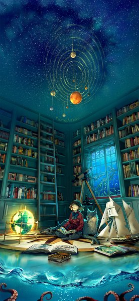 Anime picture 1000x2163 with original yuumei single tall image short hair open mouth blue eyes brown hair sitting holding sky indoors light smile wind crossed legs looking up fantasy girl bow animal