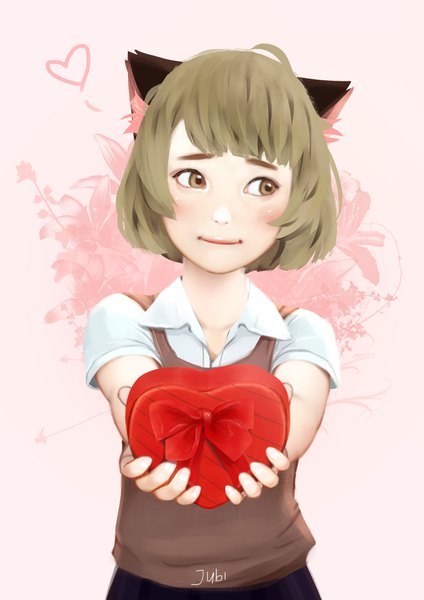 Anime picture 2480x3508 with original hana (jubi) jubi (regiana) single tall image blush fringe highres short hair simple background blonde hair brown eyes signed animal ears looking away blunt bangs cat ears short sleeves pink background outstretched hand