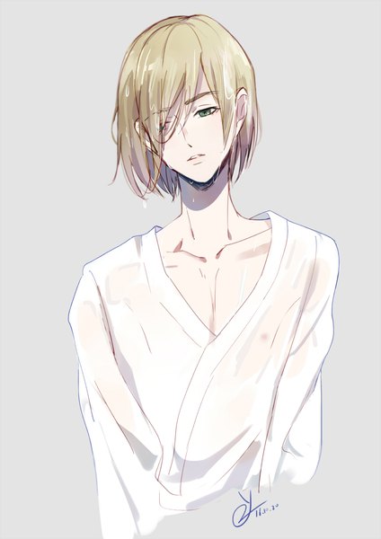 Anime picture 800x1131 with yuri!!! on ice mappa yuri plisetsky 2y single tall image fringe short hair blonde hair simple background green eyes signed looking away upper body hair over one eye grey background wet dated wet clothes boy