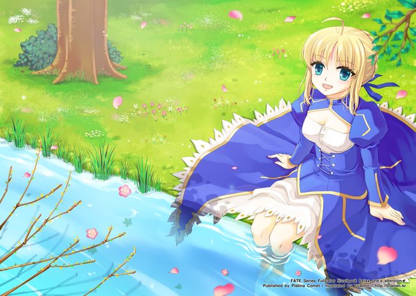 Anime picture 1685x1201 with fate (series) fate/stay night studio deen type-moon artoria pendragon (all) saber trianon single short hair open mouth blue eyes blonde hair river girl dress flower (flowers) plant (plants) petals tree (trees)