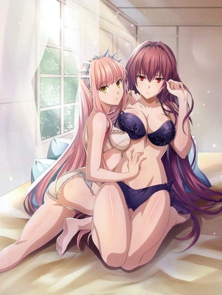 Anime picture 1400x1855 with fate (series) fate/grand order scathach (fate) (all) scathach (fate) medb (fate) shimo (s kaminaka) chuya gyaku long hair tall image looking at viewer fringe breasts light erotic hair between eyes red eyes large breasts multiple girls yellow eyes pink hair bent knee (knees)