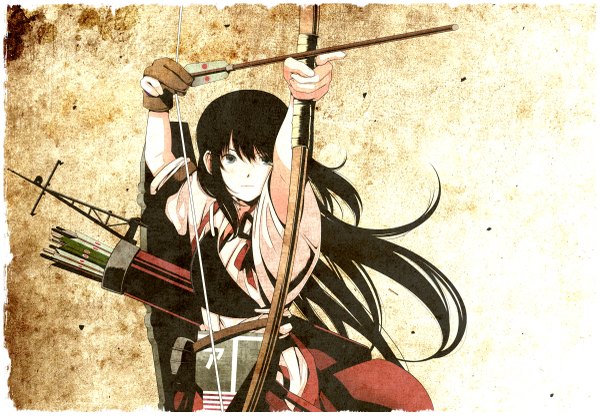 Anime picture 1200x833 with kantai collection akagi aircraft carrier tsukumo single long hair brown hair looking away traditional clothes japanese clothes grey eyes girl ribbon (ribbons) weapon armor single glove bow (weapon) arrow (arrows)