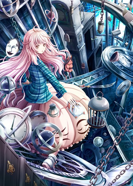 Anime picture 772x1080 with touhou hata no kokoro akashio (loli ace) single long hair tall image open mouth looking away pink hair pink eyes girl dress chain mask clock cage