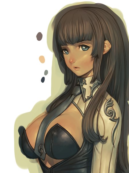 Anime picture 1500x2000 with original alien1452 single long hair tall image looking at viewer fringe breasts blue eyes black hair simple background large breasts white background cleavage long sleeves girl underwear necktie