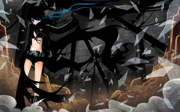 Anime picture 2560x1600 with black rock shooter black rock shooter (character) single long hair highres blue eyes wide image twintails looking away glowing glowing eye (eyes) girl gloves weapon sword shorts katana bikini top