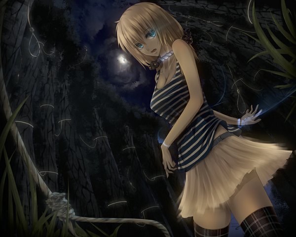 Anime picture 1000x800 with original karube karu looking at viewer short hair open mouth blue eyes blonde hair cloud (clouds) night girl thighhighs skirt plant (plants) miniskirt tree (trees) moon