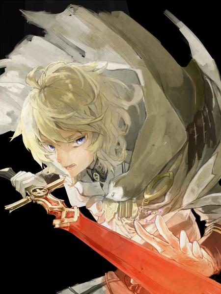 Anime picture 1000x1333 with owari no seraph wit studio hyakuya mikaela pu24 single tall image fringe short hair open mouth blue eyes simple background blonde hair holding looking away ahoge teeth fang (fangs) leaning black background fighting stance
