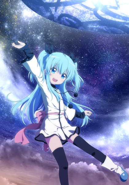 Anime picture 875x1251 with sora no method noel (sora no method) haribote (tarao) single long hair tall image looking at viewer open mouth blue eyes blue hair cloud (clouds) long sleeves two side up zettai ryouiki outstretched arm happy jumping space milky way girl