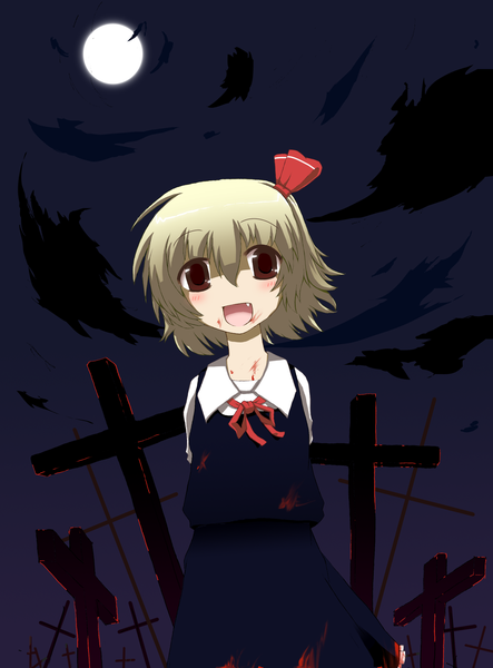 Anime picture 2145x2900 with touhou rumia nejime single tall image fringe highres short hair open mouth blonde hair hair between eyes brown eyes night fang (fangs) girl bow hair bow blood cross full moon