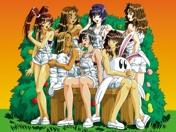 Anime picture 1024x768 with private garden tetratech sugimoto anzu ichikawa sakura kitayama karin shimamura natsumi mizusaki momo dark skin everyone food fruit bunny uehara kurumi kyouno ichigo