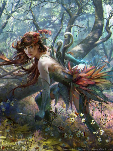 Anime picture 938x1250 with legend of the cryptids janaschi (artist) single long hair tall image looking at viewer blue eyes brown hair bare shoulders holding signed hair flower lips realistic leaning leaning forward copyright name floating hair eyebrows fantasy