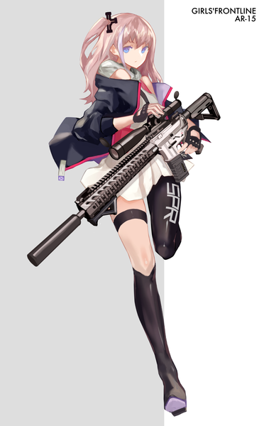 Anime picture 1000x1611 with girls frontline st ar-15 (girls frontline) cancell single long hair tall image looking at viewer fringe blue eyes simple background hair between eyes standing white background purple eyes bare shoulders holding pink hair full body grey background open jacket