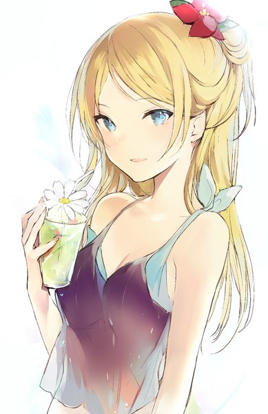 Anime picture 650x1002 with original lpip single long hair tall image looking at viewer open mouth blue eyes simple background blonde hair white background bare shoulders upper body hair flower midriff sleeveless girl flower (flowers) drink glass