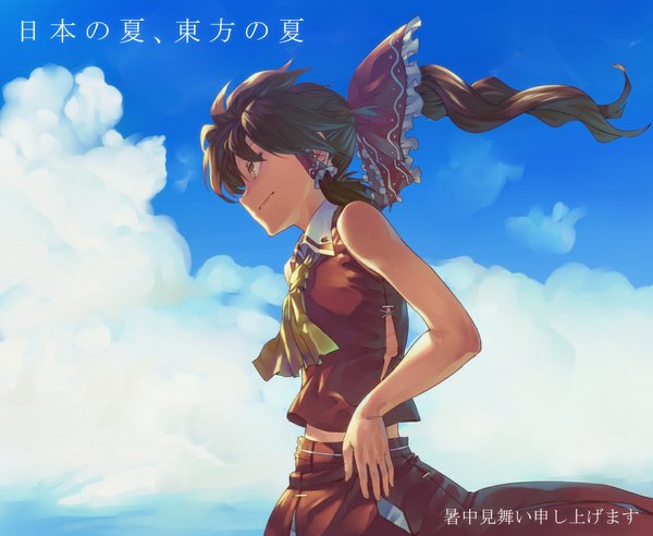 Anime picture 1120x920 with touhou hakurei reimu benitama single long hair smile brown hair bare shoulders sky cloud (clouds) ponytail profile wind sleeveless hand on hip girl skirt bow hair bow skirt set