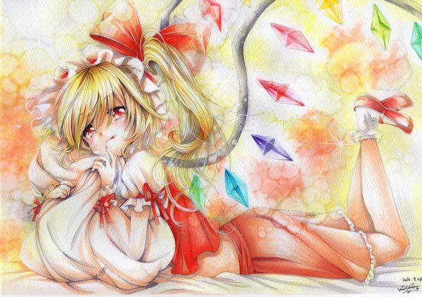 Anime picture 1500x1057 with touhou flandre scarlet mosho single long hair short hair blonde hair red eyes signed one side up looking up on stomach traditional media watercolor (medium) girl skirt bow hair bow wings tongue