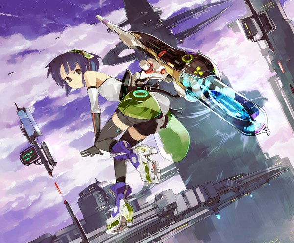 Anime picture 1449x1200 with original shihou (g-o-s) single short hair smile bare shoulders brown eyes sky purple hair cloud (clouds) looking back cityscape girl thighhighs gloves black thighhighs detached sleeves elbow gloves shorts