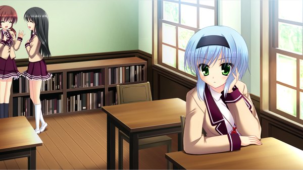 Anime picture 1024x576 with nekoguri (game) short hair wide image green eyes blue hair game cg classroom girl serafuku