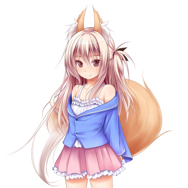 Anime picture 1500x1500 with original haryuu (poetto) single long hair blush fringe blonde hair simple background smile hair between eyes standing white background bare shoulders brown eyes animal ears looking away tail animal tail off shoulder fox ears