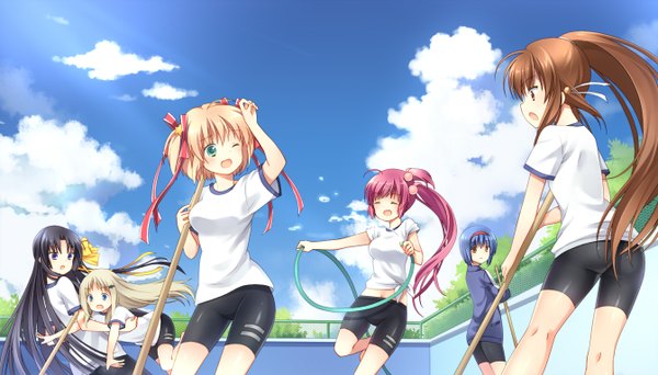 Anime picture 1344x768 with little busters! key (studio) noumi kudryavka natsume rin kamikita komari kurugaya yuiko saigusa haruka nishizono mio satou aoi long hair looking at viewer short hair open mouth blue eyes light erotic black hair blonde hair brown hair wide image multiple girls