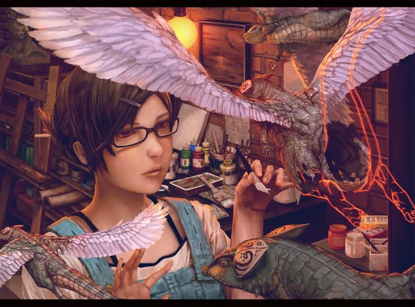Anime picture 1500x1111 with original shita to hidari single short hair brown hair brown eyes upper body letterboxed fantasy denim painting girl hair ornament wings glasses hairclip lamp blouse dragon picture