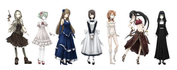 Anime picture 1600x638 with pandora (game) blacklily testarossa leonard raffine rosage me-me plantagenet toi (number8) long hair short hair open mouth simple background blonde hair brown hair wide image white background twintails multiple girls animal ears