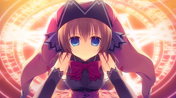 Anime picture 1280x720 with magical dears uino maho single looking at viewer short hair blue eyes brown hair wide image game cg magic girl dress gloves hat black gloves elbow gloves magic circle