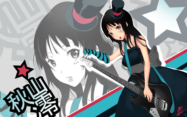 Anime picture 1440x900 with k-on! kyoto animation akiyama mio arieaesu single long hair looking at viewer blush black hair wide image grey eyes mouth hold hieroglyph zoom layer girl dress hat star (symbol) single glove guitar