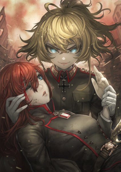 Anime picture 707x1000 with youjo senki tanya degurechaff viktoriya ivanovna serebryakov rungsak sontayanont long hair tall image looking at viewer fringe short hair blue eyes blonde hair smile hair between eyes multiple girls ponytail red hair one eye closed holding hands military girl