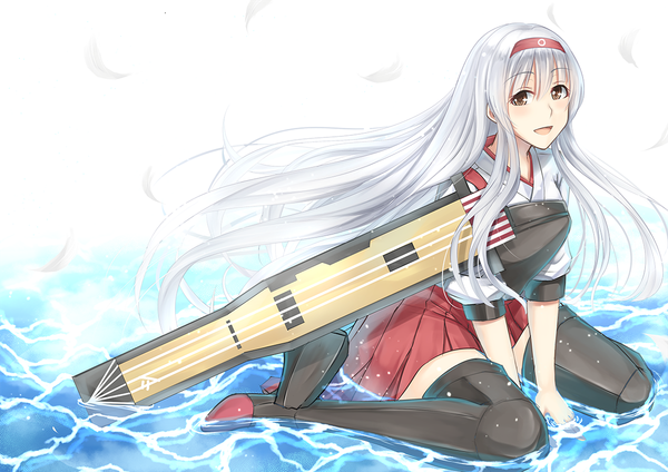 Anime picture 1200x849 with kantai collection shoukaku aircraft carrier primamiya single long hair looking at viewer open mouth brown eyes white hair girl skirt water hairband armor thigh boots breastplate muneate