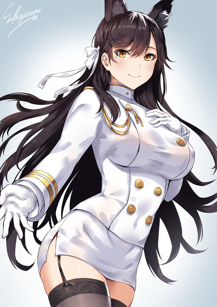 Anime picture 800x1131 with azur lane atago (azur lane) sakiyamama single long hair tall image looking at viewer blush fringe breasts light erotic black hair simple background smile hair between eyes large breasts signed animal ears yellow eyes mole