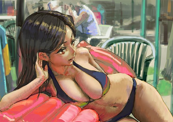 Anime picture 1000x707 with original aro (charged time out) long hair breasts open mouth light erotic sitting bare shoulders brown eyes arm support teeth reclining dark hair girl navel swimsuit bikini chair people