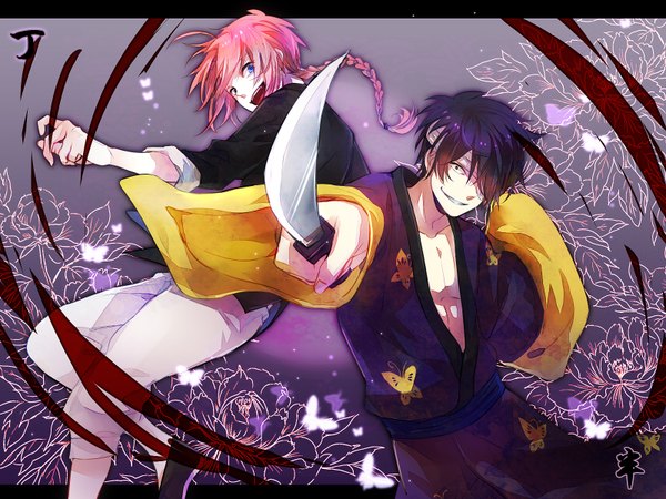 Anime picture 1600x1200 with gintama sunrise (studio) takasugi shinsuke kamui (gintama) 13knight long hair looking at viewer short hair open mouth blue eyes smile pink hair purple hair ahoge traditional clothes multiple boys chinese clothes framed animal print butterfly print