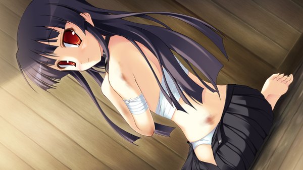 Anime picture 1280x720 with secret game coderevise (game) single long hair black hair red eyes wide image sitting game cg looking back barefoot girl bandage (bandages)