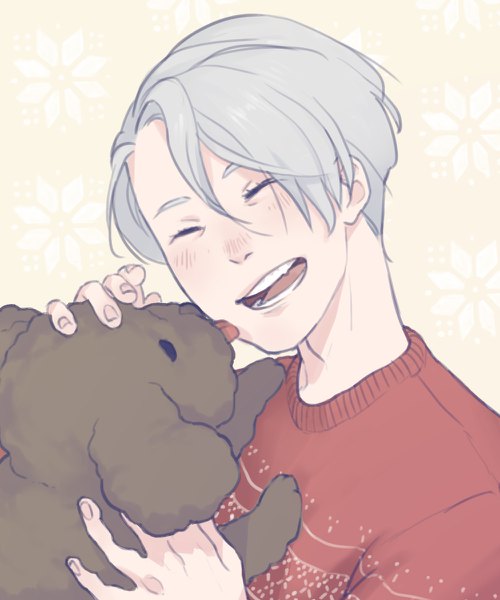 Anime picture 1000x1200 with yuri!!! on ice mappa viktor nikiforov lyn-chyan single tall image blush short hair open mouth blonde hair smile silver hair upper body eyes closed licking laughing boy animal tongue sweater